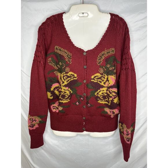 Robin Sinkler Worsted Wool Cardigan Sweater Floral Embroidery Size Large Vintage - Picture 1 of 10
